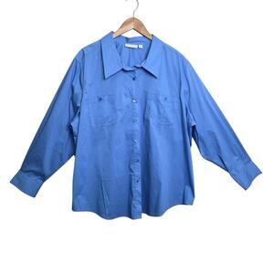 Susan Graver Womens Blue Button Up Blouse Plus SZ 3X Pockets Long Sleeve Office